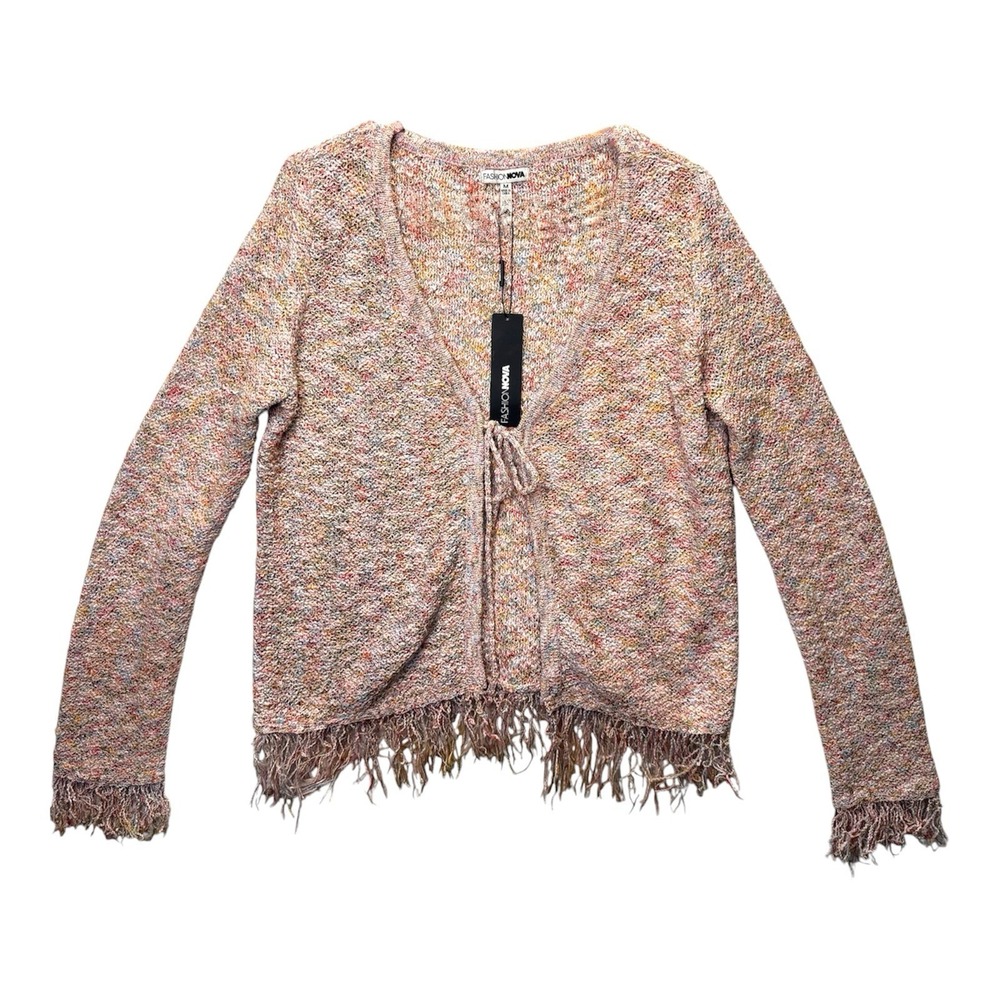 Fashion Nova NWT Women's Size M Space Dye Fringe Tie Front Cardigan Multicolored